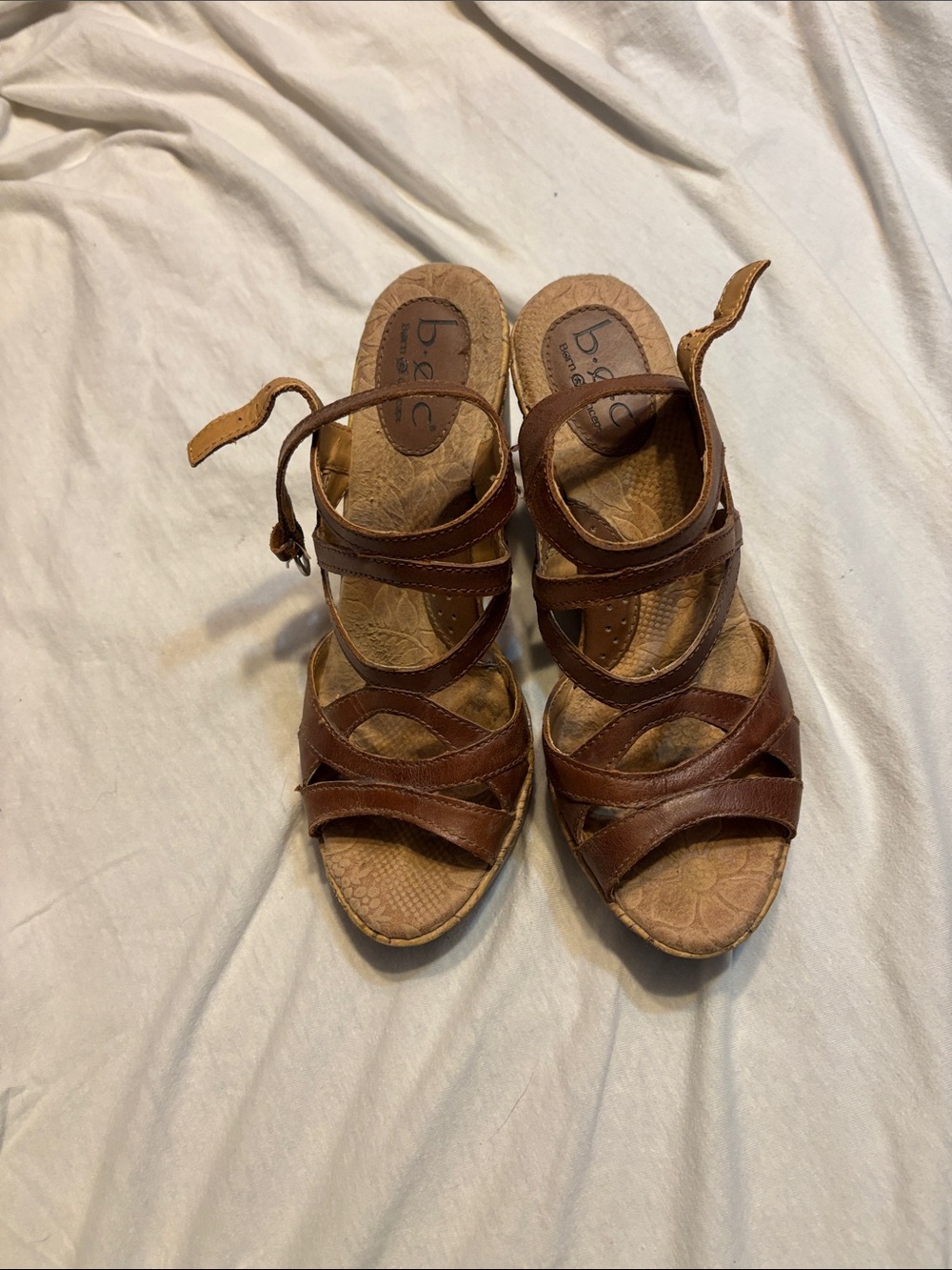 b.o.c. Tan Brown Leather Strappy Wedge Sandals